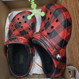 NWT Red and Black Plaid Crocs